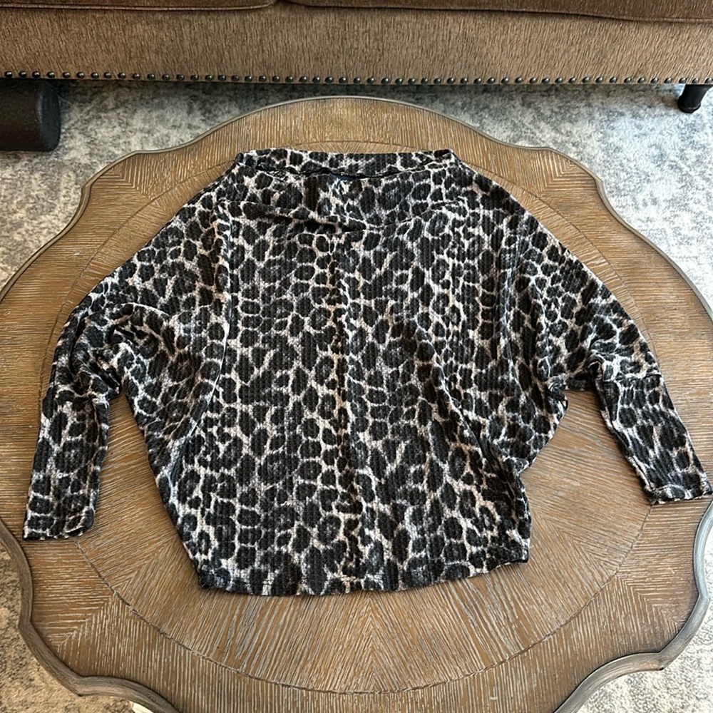 Leopard print boatneck dolman sleeve waffle knit sweater